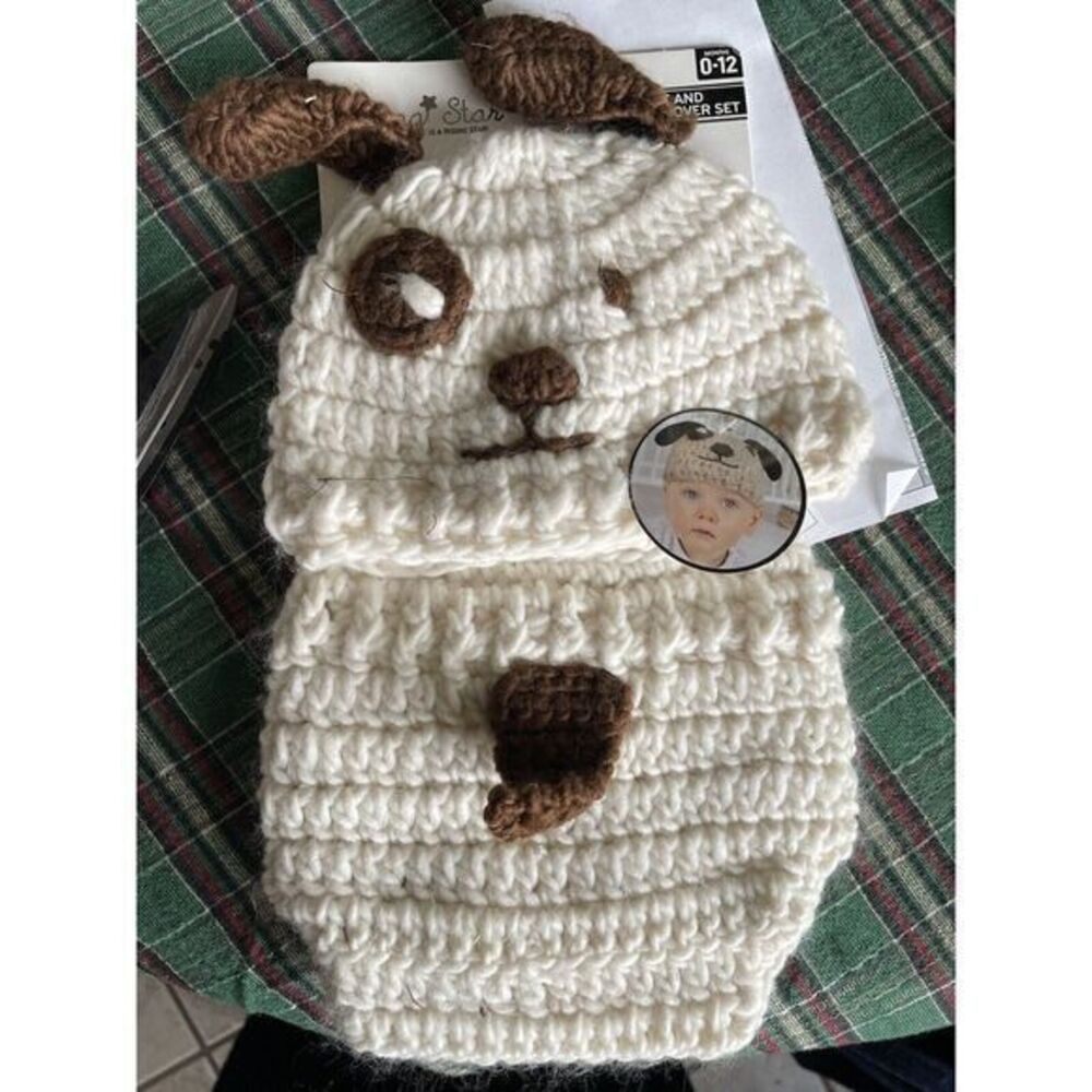 Rising Star Cute Puppy Hat And Diaper Cover Set Brown And White Size 0-12 M (A24